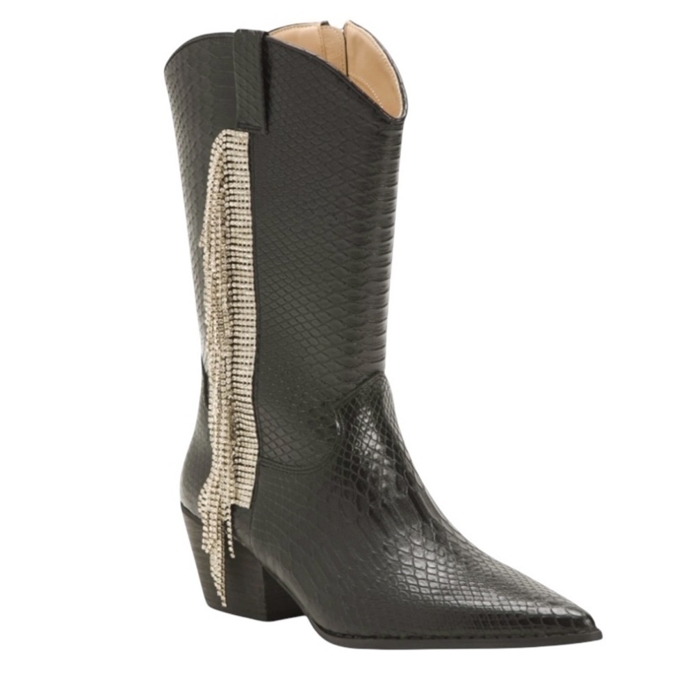 Mi.iM Black Western-Style Pointy Toe Women's Boots Rhinestone Fringe Nib Size 6